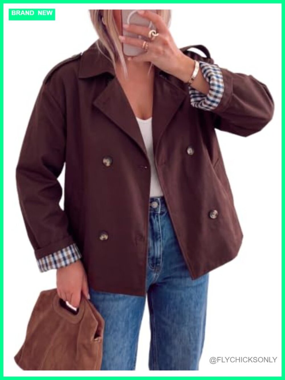 Womens Cropped Trench Coat Double Breasted Plaid Lined Casual Jacket